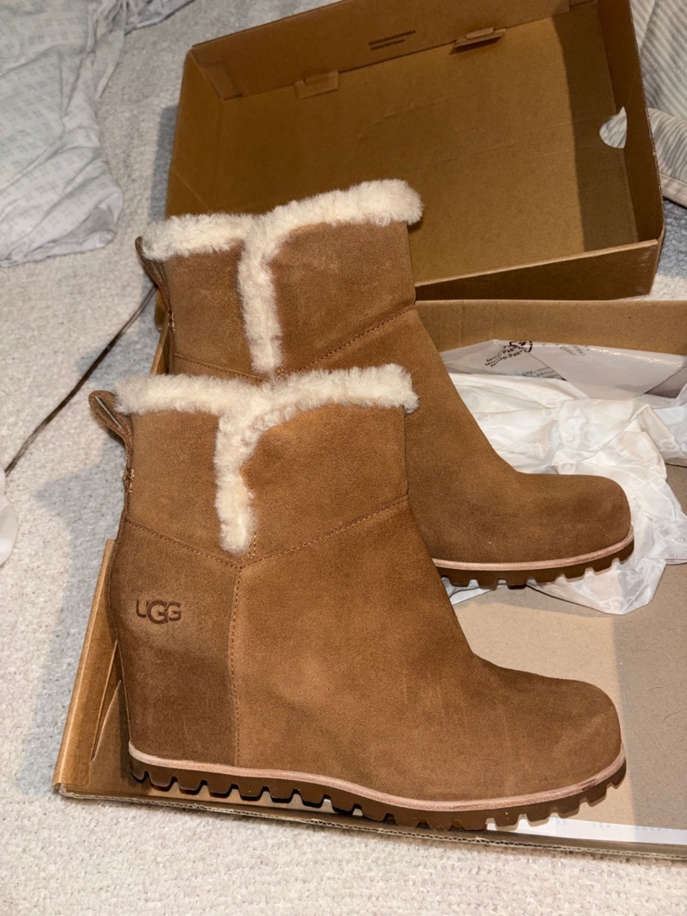 UGG Chestnut Suede Shearling Wedge Booties